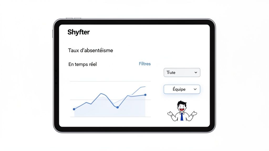 Tablette affichant le tableau de bord Shyfter avec un graphique du taux d'absentéisme en temps réel et des options de filtrage.