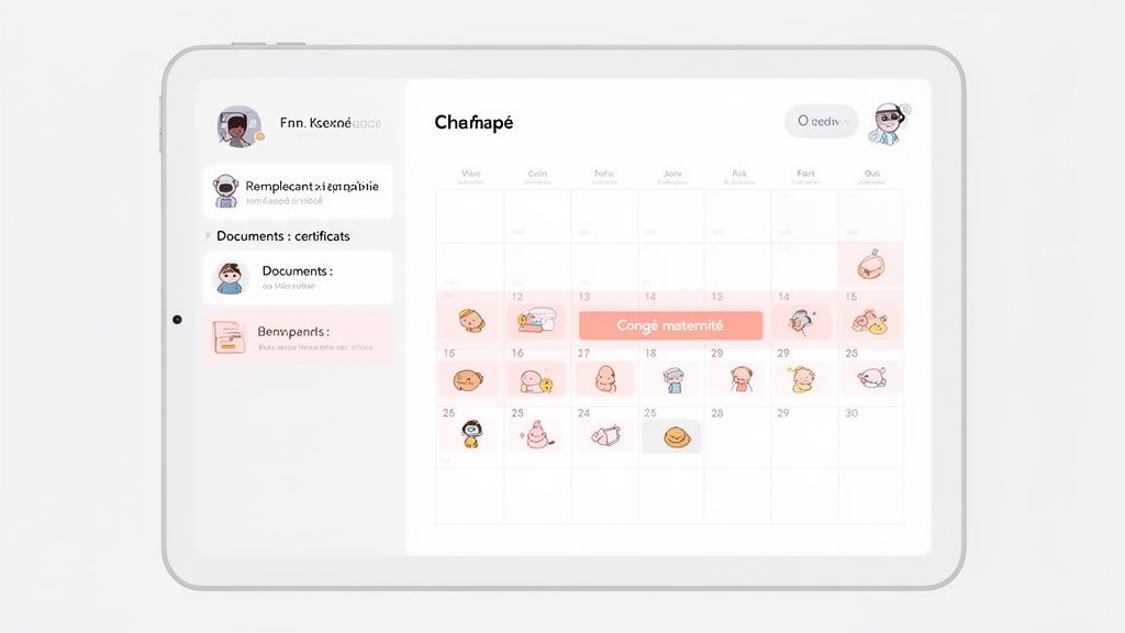 Un calendrier numérique sur tablette affichant un congé maternité souligné et d'autres activités.