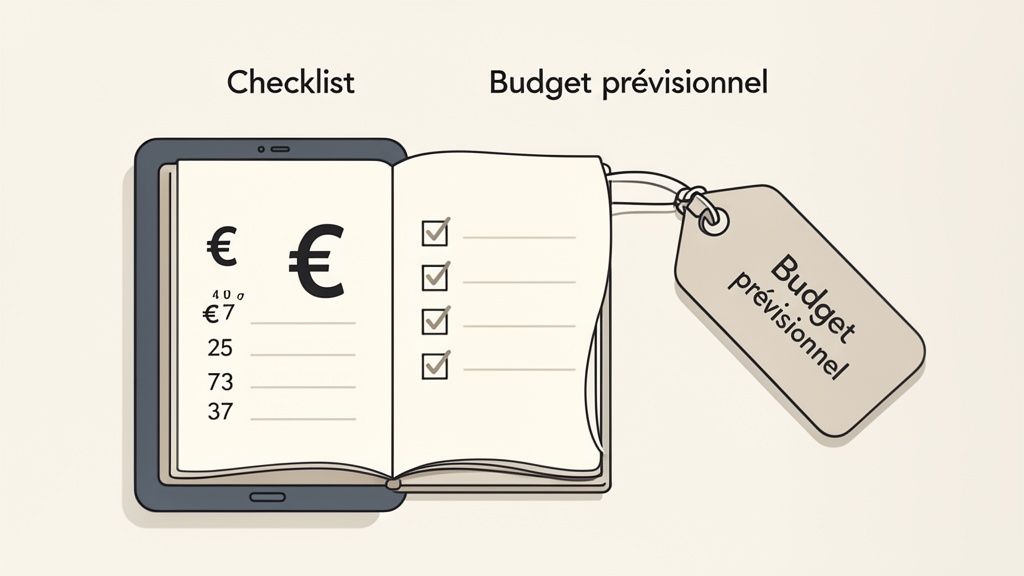 Illustration d'une checklist sur tablette et d'un budget prévisionnel pour l'organisation d'un événement.