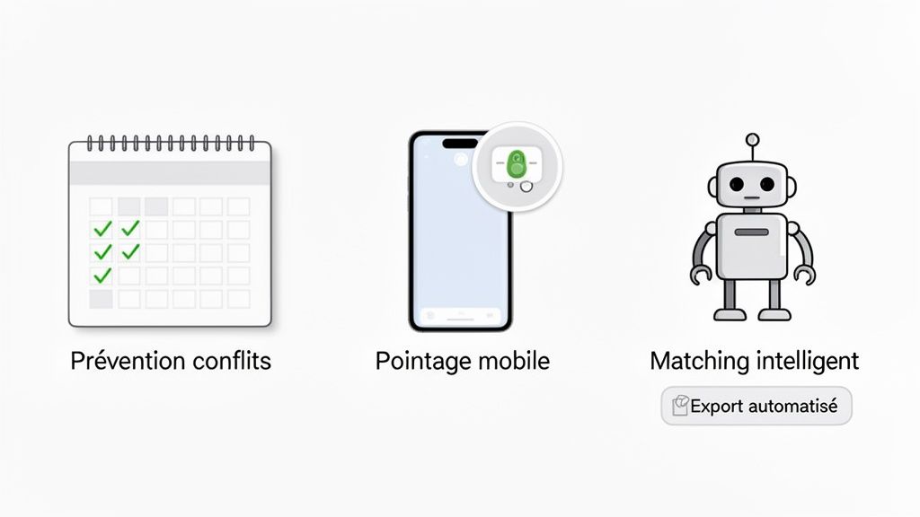 Trois icônes illustrant les fonctionnalités d'un logiciel: prévention des conflits, pointage mobile et matching intelligent avec export.