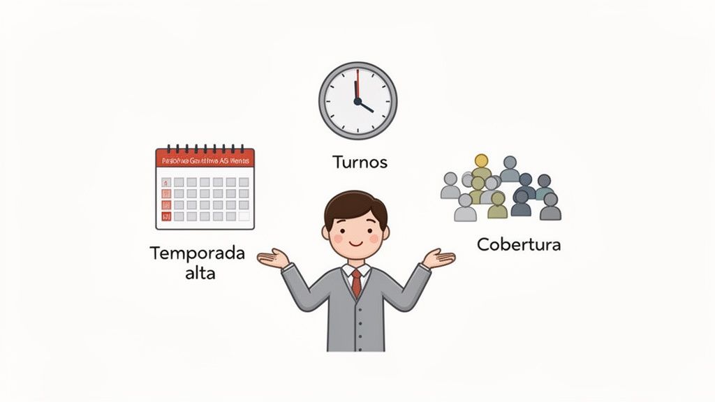Hombre con íconos de calendario (temporada alta), reloj (turnos) y personas (cobertura) para gestión.