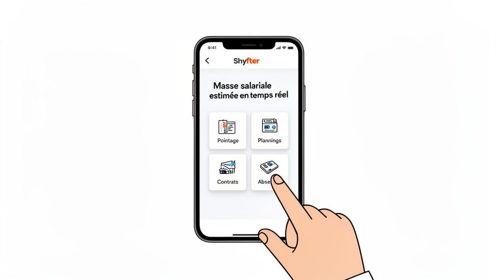 Écran de l'application Shyfter affichant la masse salariale en temps réel, une main touche « Absences ».
