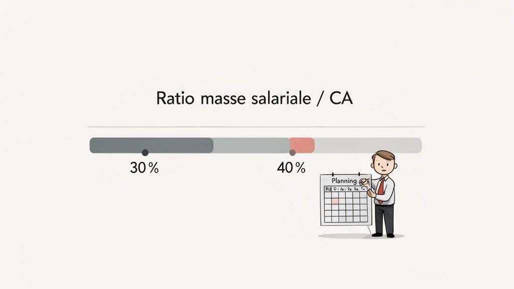 Illustration du ratio masse salariale sur chiffre d'affaires (CA) avec une barre de progression et un homme planifiant.