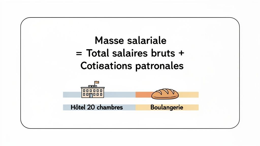 L'image explique le calcul de la masse salariale par une formule, illustrée avec un hôtel et une boulangerie.