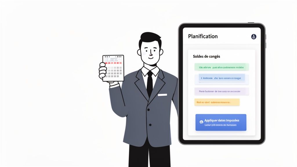Homme tenant un calendrier à côté d'une tablette affichant la planification des congés avec option d'application de dates imposées.