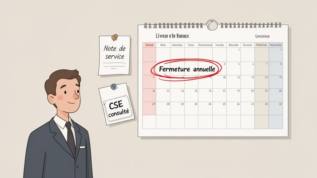 Un homme devant un tableau d'affichage avec un calendrier et des notes, soulignant la fermeture annuelle.