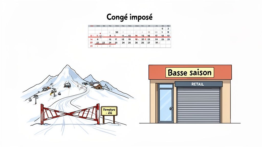 Illustration d'un congé imposé avec un calendrier, une station de ski fermée et un commerce en basse saison.