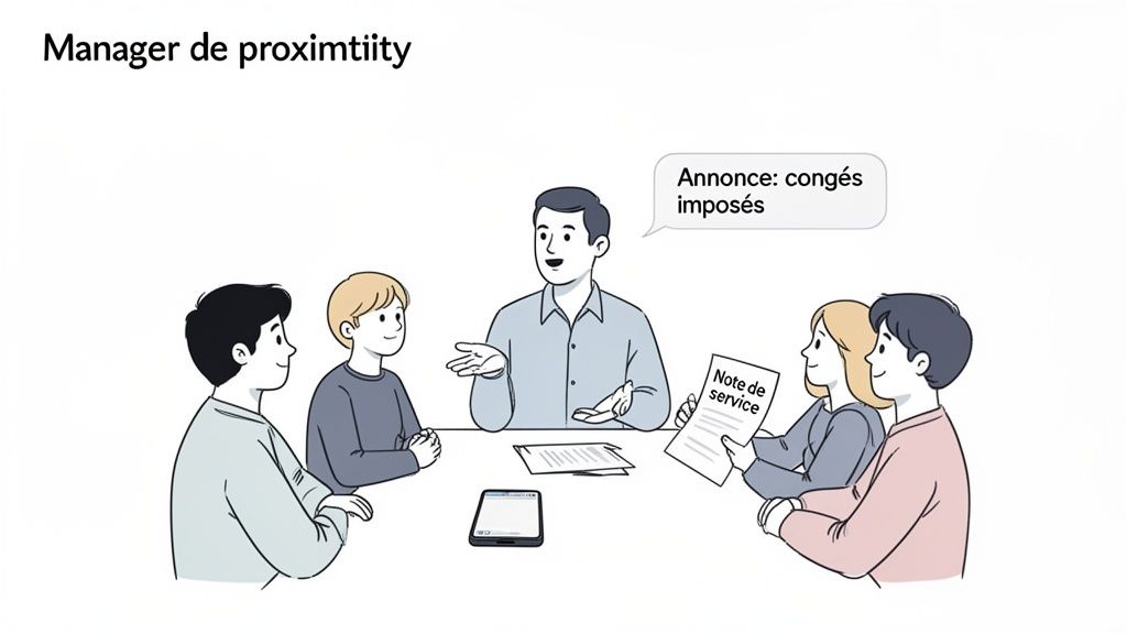 Une réunion où un manager annonce des congés imposés à ses employés autour d'une table.
