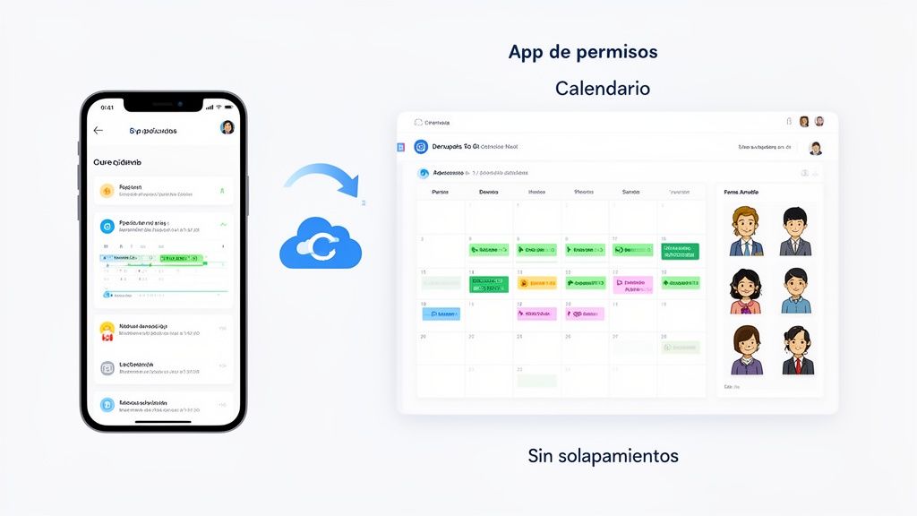 Aplicación móvil y calendario para la gestión de permisos, mostrando sincronización y sin solapamientos.
