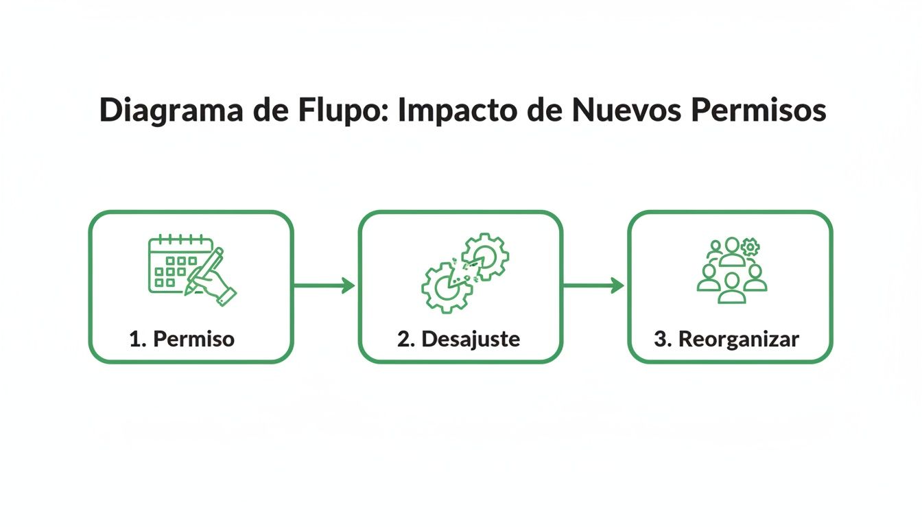 Diagrama de flujo que ilustra el impacto de nuevos permisos en un proceso de tres pasos: permiso, desajuste y reorganización.