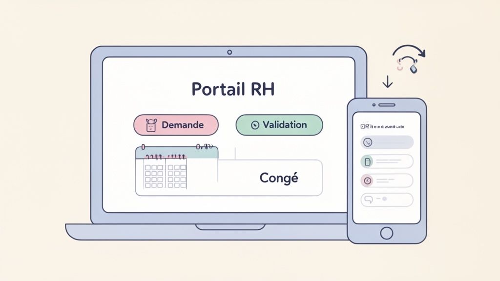 Portail RH sur ordinateur portable et smartphone, facilitant les demandes de congé et validation.