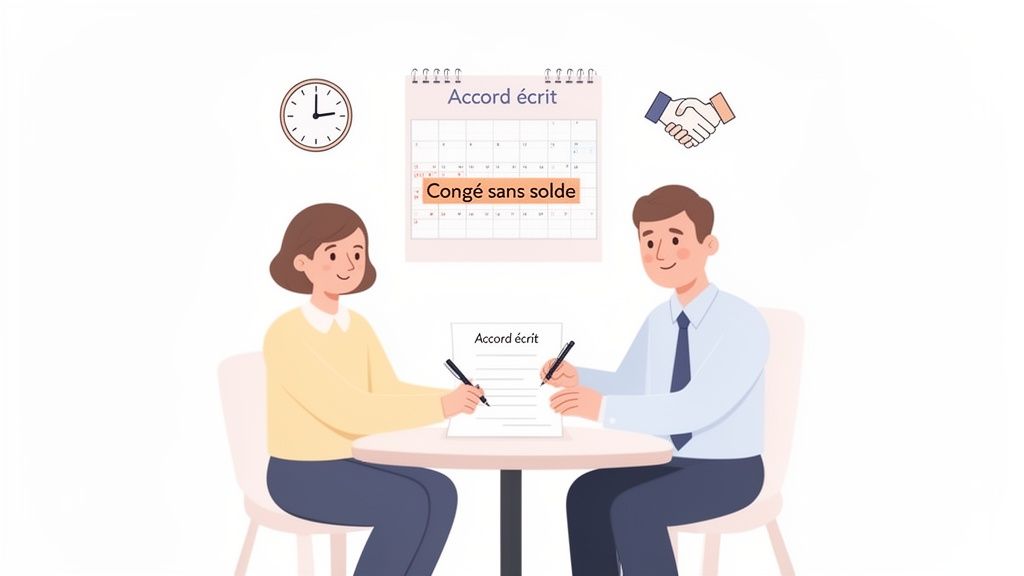 Deux personnes signent un accord écrit sur une table, avec des icônes de calendrier de congé sans solde, d'horloge et de poignée de main.