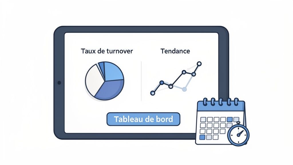 Tablette avec tableau de bord : taux de turnover, tendance, calendrier et chronomètre pour la gestion RH.