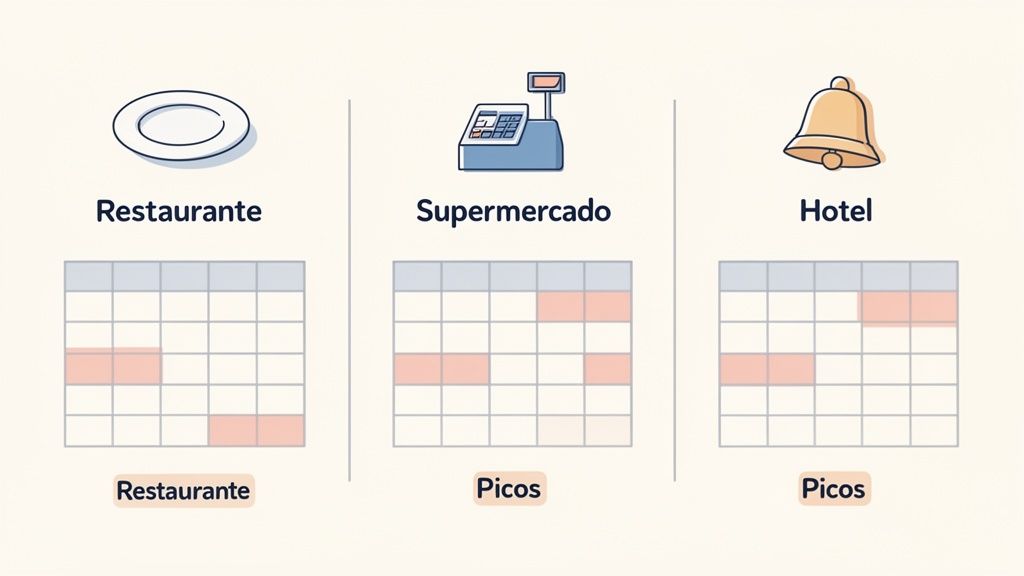 Tres gráficos muestran picos de actividad para restaurante, supermercado y hotel.