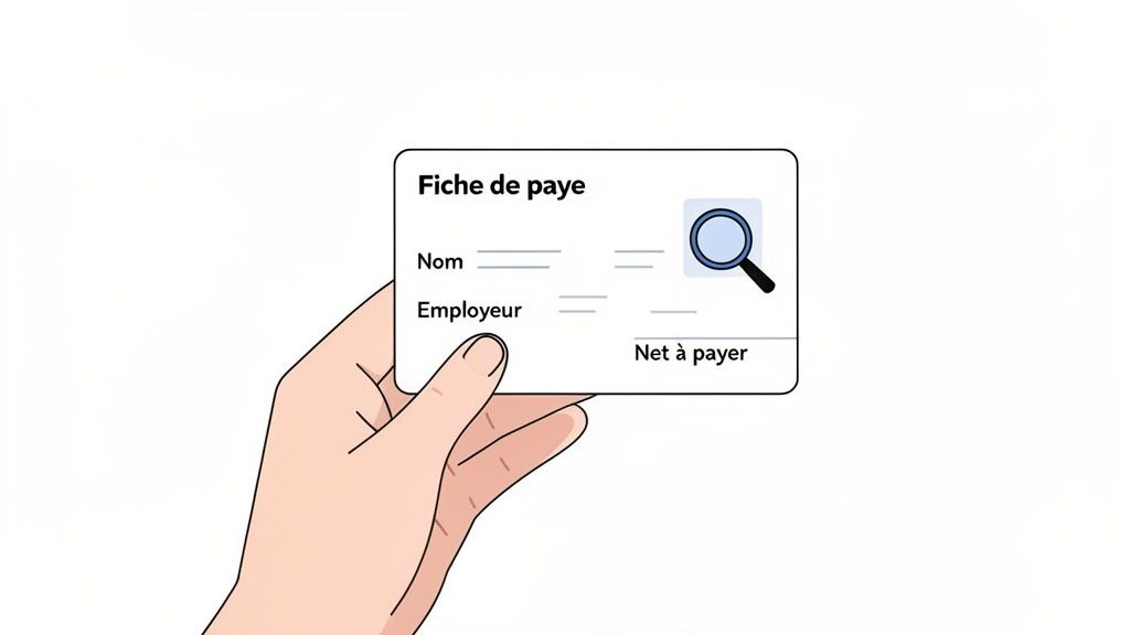 Main tenant une fiche de paye blanche avec les champs Nom, Employeur et Net à payer. Une loupe est visible.