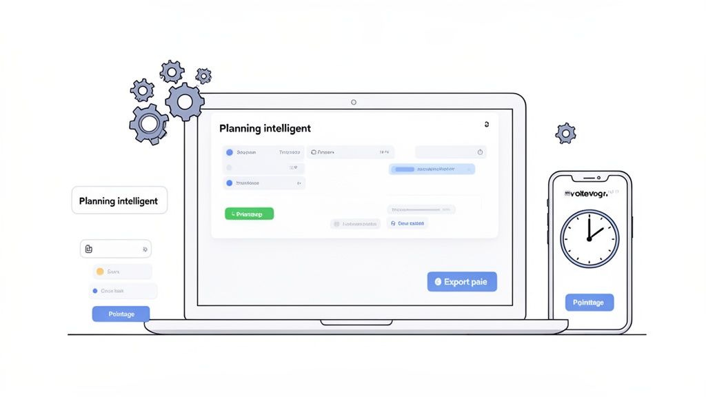 Application de planification intelligente et de pointage sur ordinateur portable et smartphone, avec des engrenages.