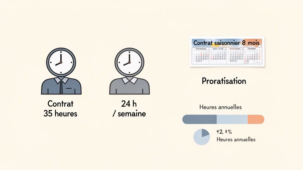 Illustration des contrats de travail (35h, 24h, saisonnier) et du calcul proratisé des heures annuelles.