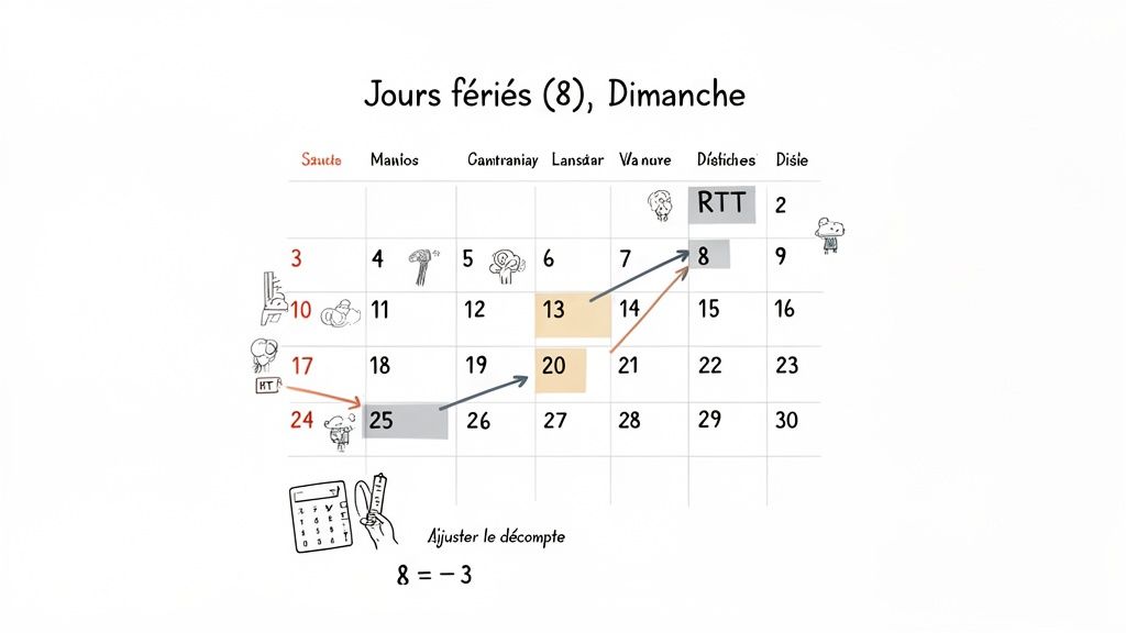 Calendrier affichant les jours fériés, les RTT et un calcul d'ajustement pour 8 jours, avec des flèches et des chiffres.