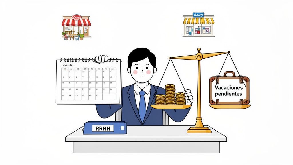 Hombre de RRHH calcula vacaciones pendientes, equilibrando tiempo y dinero en una balanza.