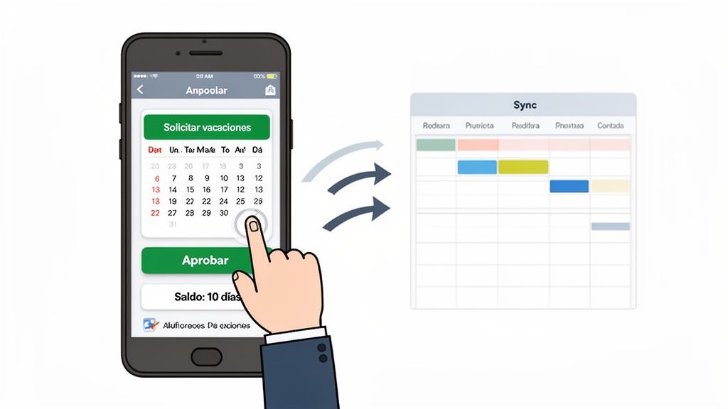Una persona usa una aplicación móvil para solicitar vacaciones y ver un calendario sincronizado con los días libres.