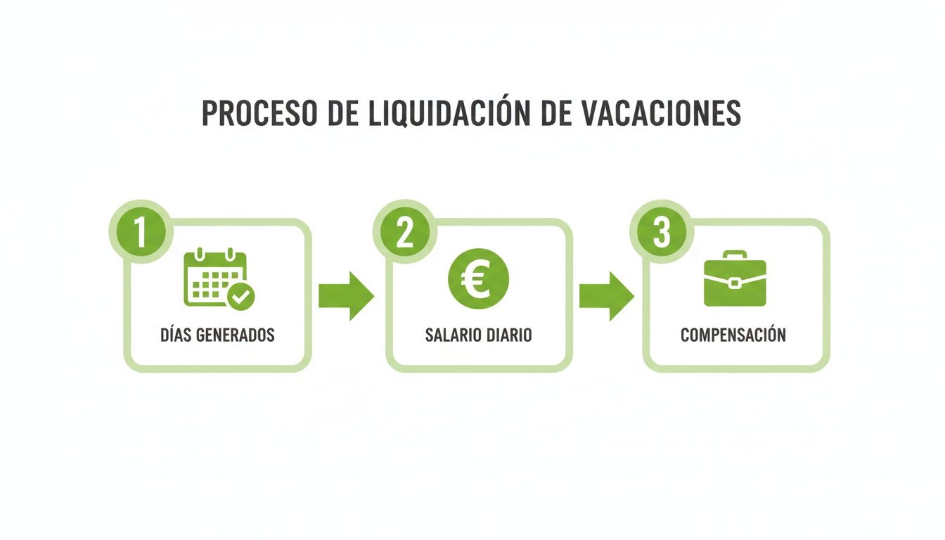 Proceso de liquidación de vacaciones con pasos: días generados, salario diario y compensación.