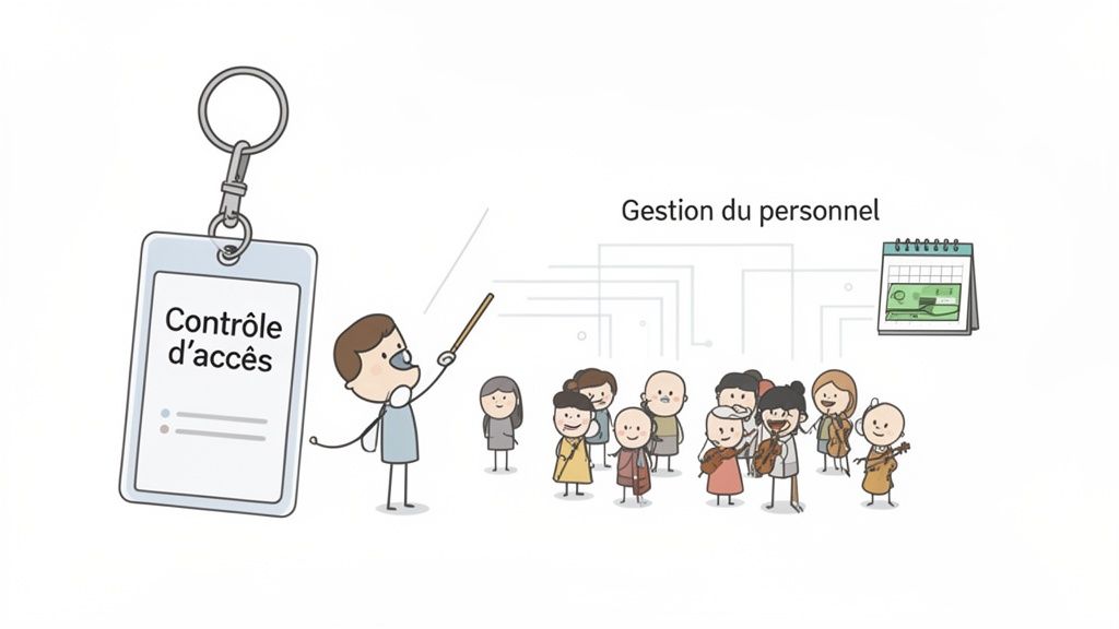 Un homme présente les concepts de gestion du personnel et de contrôle d'accès avec un badge et un calendrier.