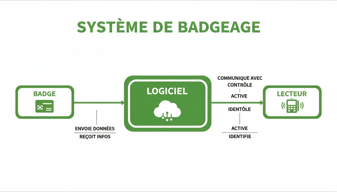 Diagramme explicatif du système de badgeage montrant le flux d'informations entre un badge, un logiciel et un lecteur pour le contrôle d'accès.