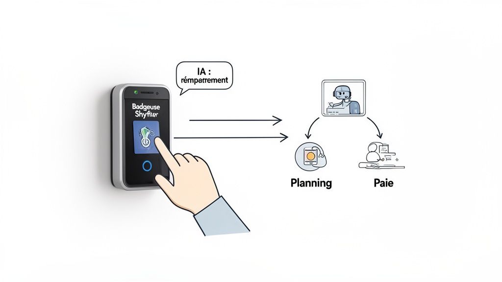 Image montrant une badgeuse Shyfter, une main interagissant, et des flèches vers l'IA, le planning et la paie.