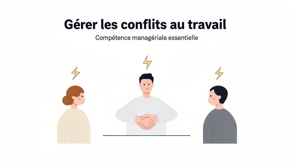 Illustration de trois personnes : deux en conflit (symbolisé par des éclairs) et une au centre qui aide à gérer les désaccords professionnels.