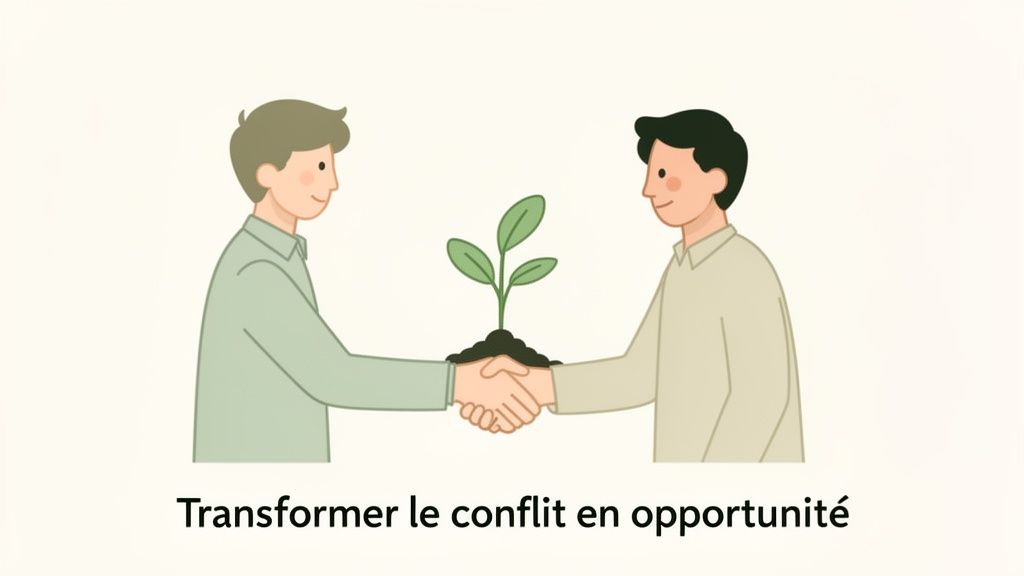 Deux personnes se serrent la main, un jeune plant pousse, symbolisant la transformation du conflit en opportunité.