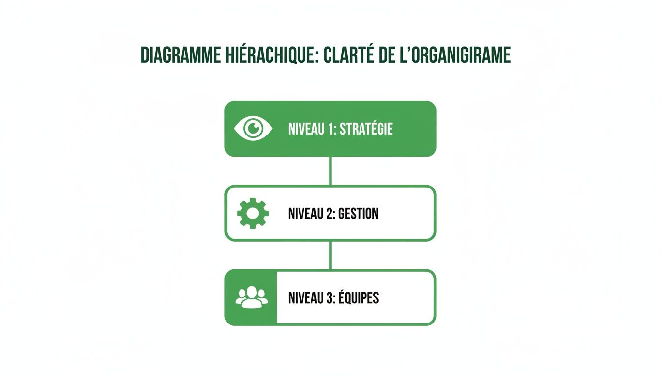 Un diagramme hiérarchique simple montrant trois niveaux: stratégie, gestion et équipes, pour clarifier l'organigramme.