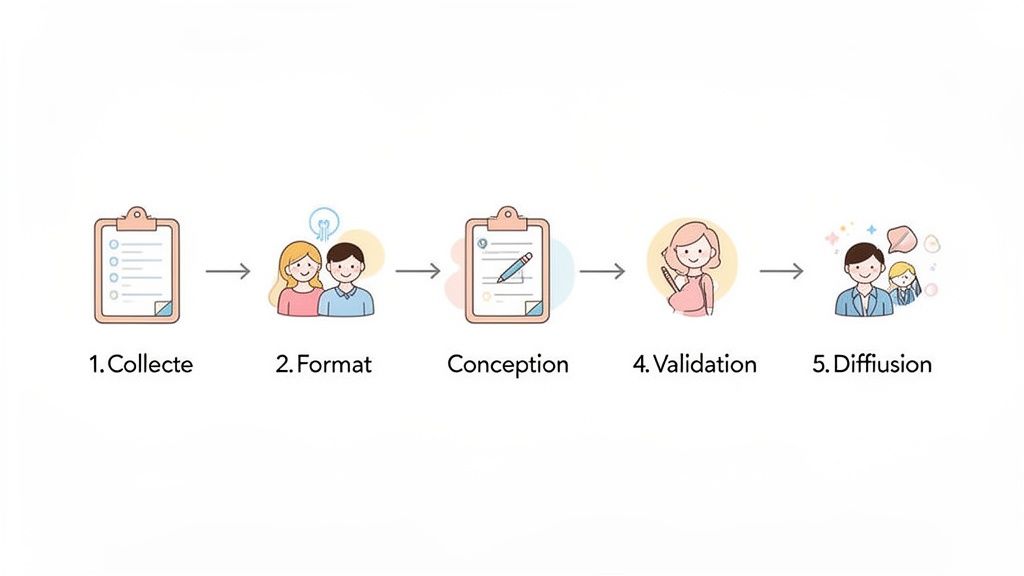 Schéma illustrant un processus en 5 étapes: collecte, formatage, conception, validation et diffusion des informations.