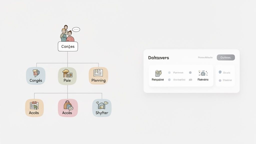 Organigramme d'entreprise détaillé montrant les départements Congés, Paie, Planning et Accès, accompagné d'une interface de gestion de données.