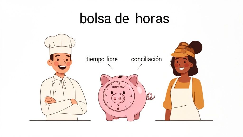 Ilustración de un chef y una trabajadora junto a una hucha-reloj, representando la bolsa de horas, tiempo libre y conciliación.