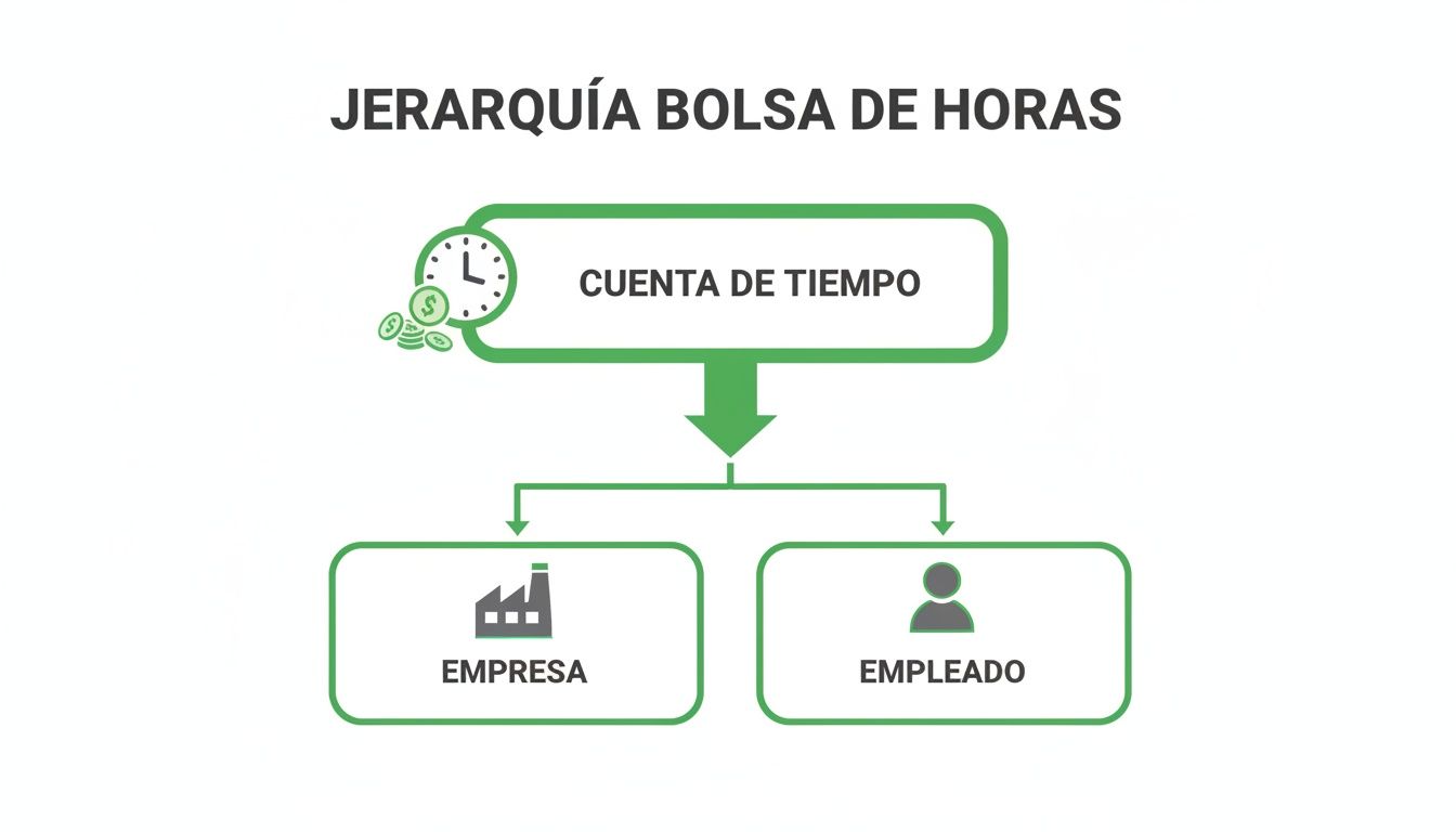 Diagrama de jerarquía de bolsa de horas, mostrando cuenta de tiempo para empresa y empleado.