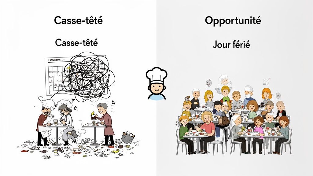Image comparant un chef stressé avec un calendrier chaotique à un chef heureux entouré de clients lors d'un jour férié.