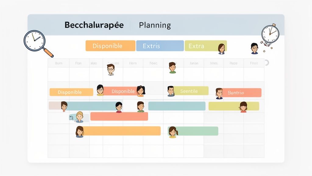Un calendrier de planification détaillé affichant des barres colorées et des avatars pour gérer les disponibilités et les tâches du personnel.