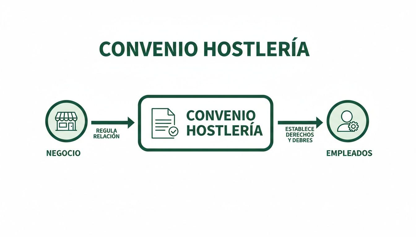 Diagrama que muestra cómo un convenio de hostelería regula la relación, derechos y deberes entre negocio y empleados.