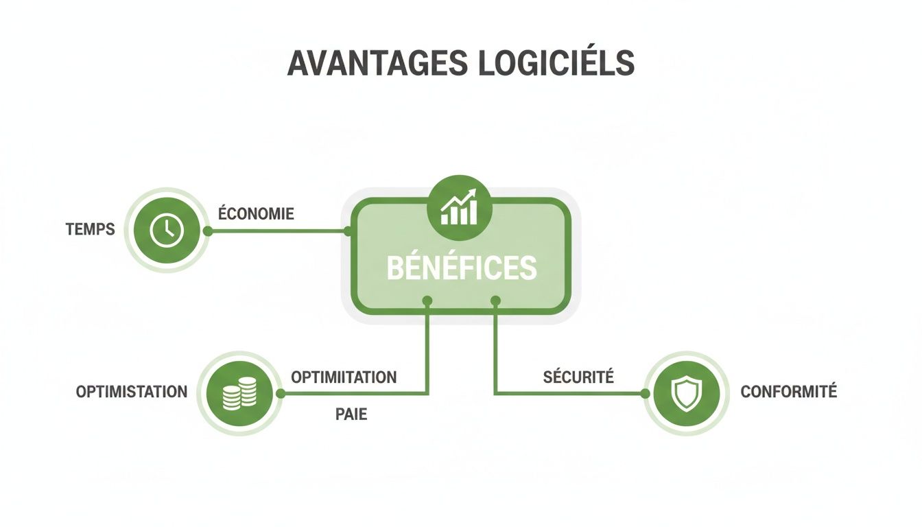 Diagramme des avantages logiciels présentant l'économie de temps, l'optimisation de la paie, la sécurité et la conformité.