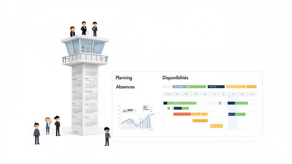 Illustration d'un logiciel de gestion du planning et des absences du personnel, avec une tour calendrier.