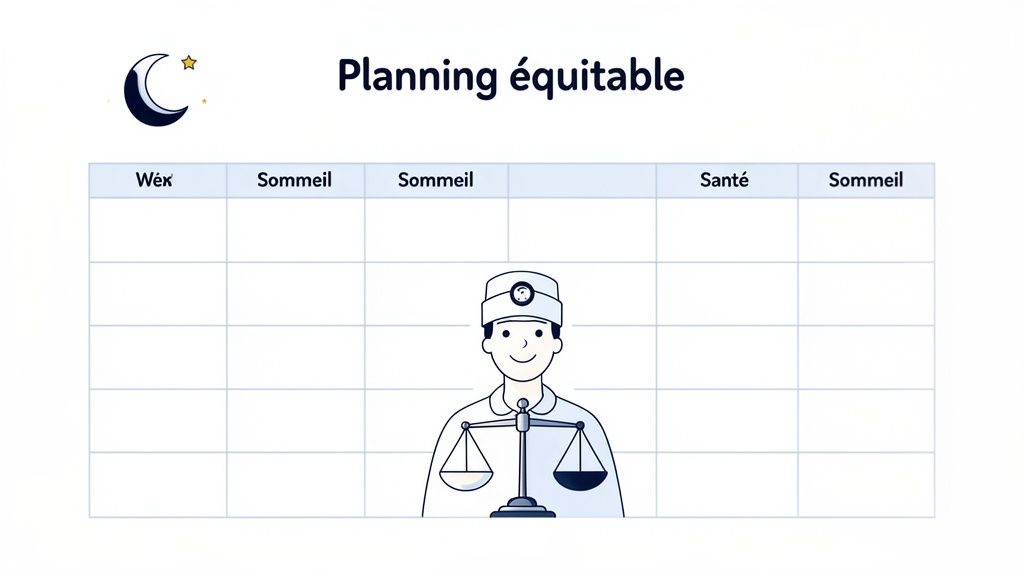 Tableau de planification équitable des quarts de travail avec colonnes sommeil et santé, illustré par un professionnel et une balance.