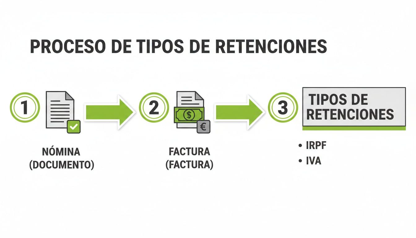 Diagrama del proceso de retenciones, mostrando nóminas, facturas y tipos como IRPF e IVA.