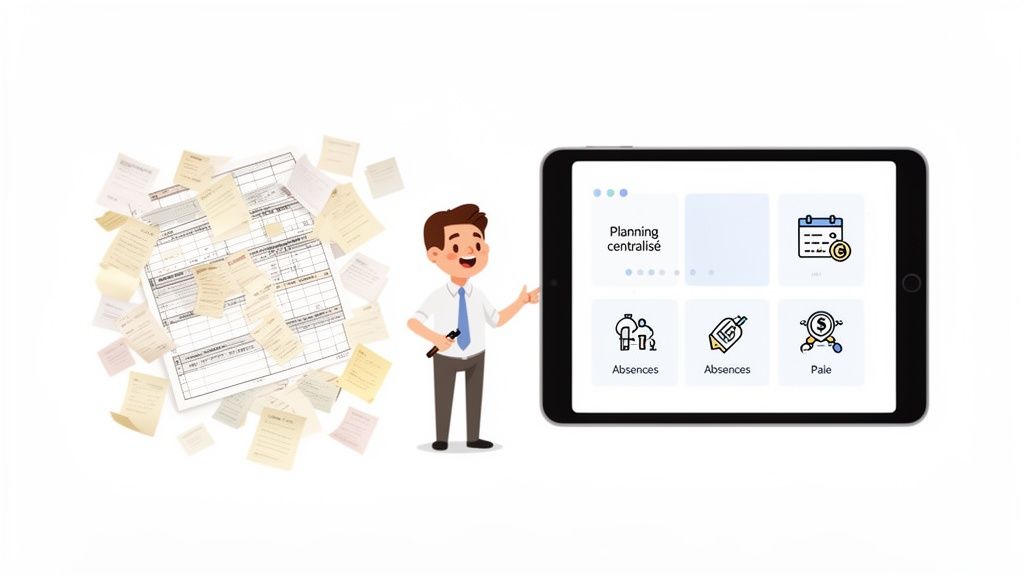 Un homme compare des documents papier éparpillés à une tablette affichant un logiciel de gestion des absences et des paies.