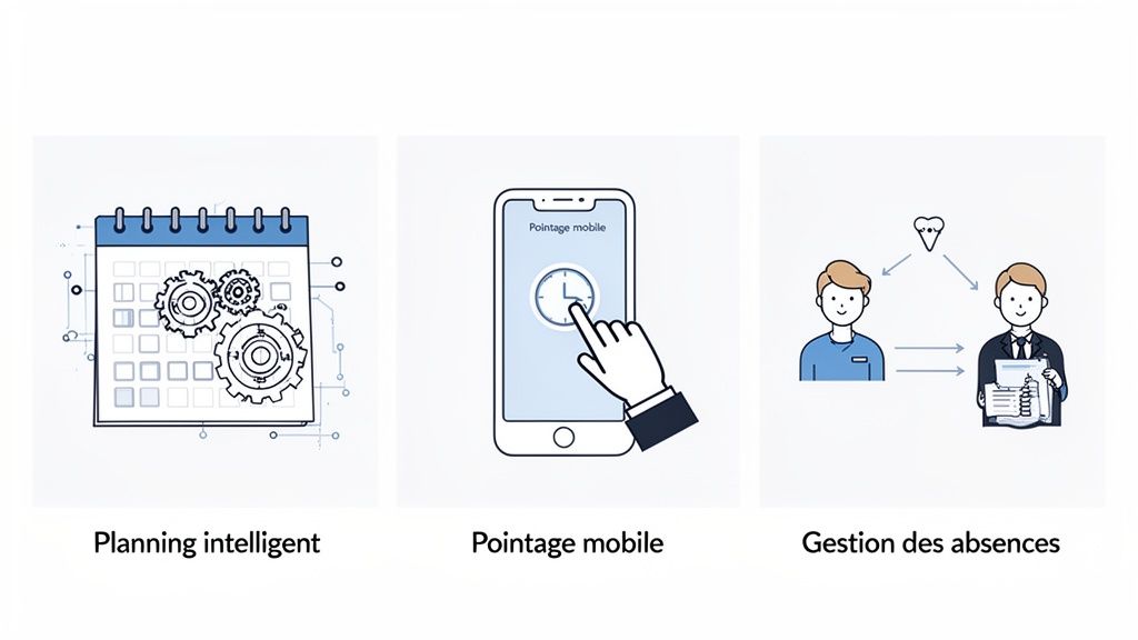 Trois illustrations présentant le planning intelligent, le pointage mobile et la gestion des absences pour optimiser le temps.