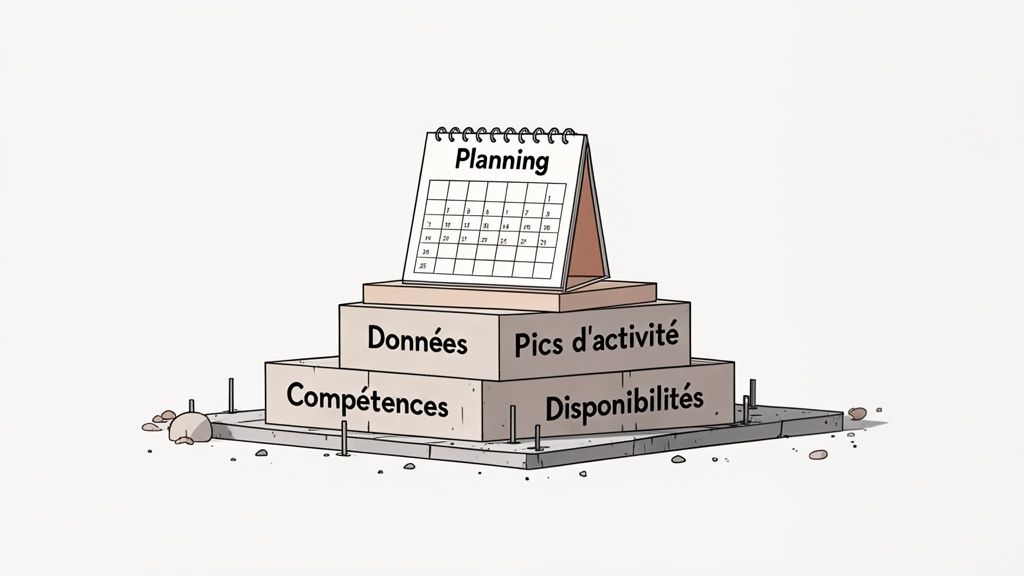 Pyramide de blocs illustrant les éléments clés du planning : données, compétences, pics d'activité et disponibilités, surmontée d'un calendrier.
