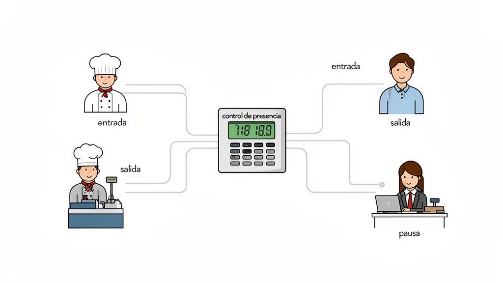 Sistema de control de presencia que registra la entrada, salida y pausas de diversos empleados.