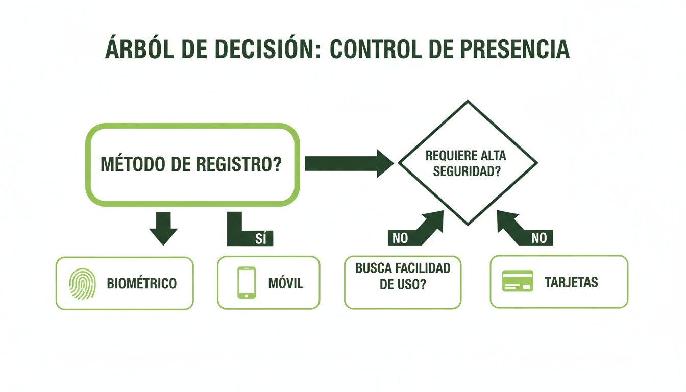 Diagrama de árbol de decisión para el control de presencia, mostrando métodos de registro biométricos, móviles y con tarjetas.