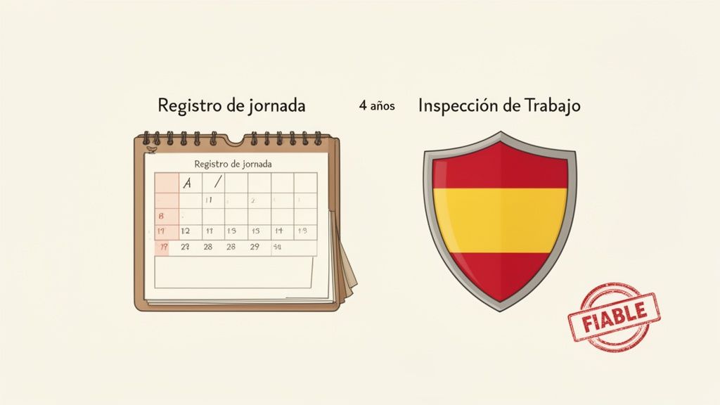 Calendario de registro de jornada con el texto 4 años e Inspección de Trabajo con un escudo español, enfatizando la fiabilidad.