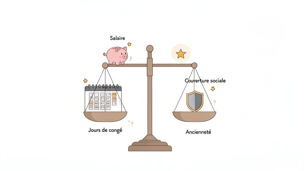Une balance équilibrant salaire, jours de congé, couverture sociale et ancienneté, symbolisant les avantages du travail.