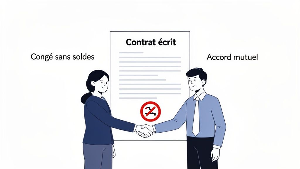 Deux personnes se serrent la main devant un contrat écrit, symbolisant un accord mutuel pour un congé sans soldes.